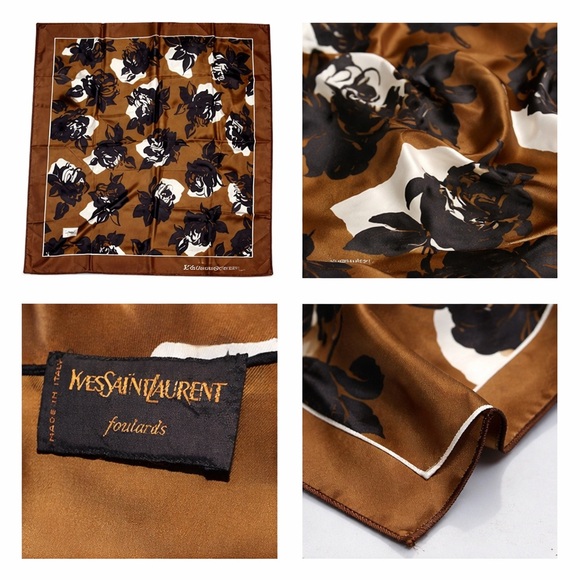 Vintage Yves Saint Laurent Silk Foulards Rose Print Scarf Brown Black White - Picture 2 of 8